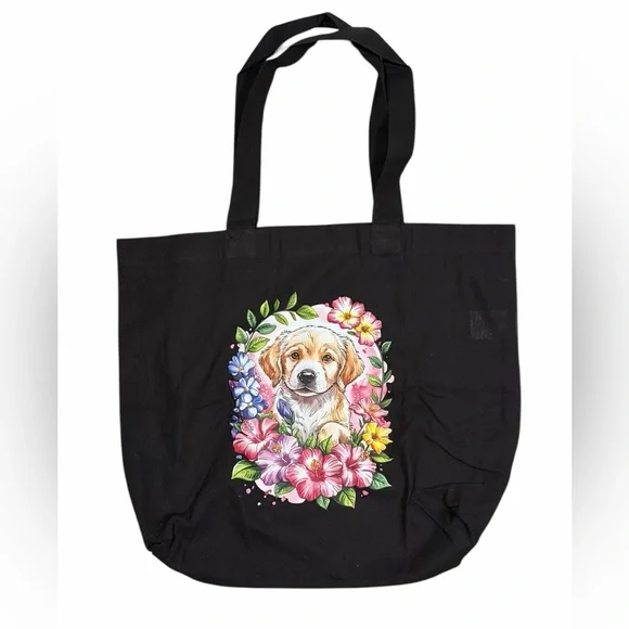 Handmade Dog Floral Canvas Tote Bag Black Reusable Shoulder Bag - Picture 1 of 2